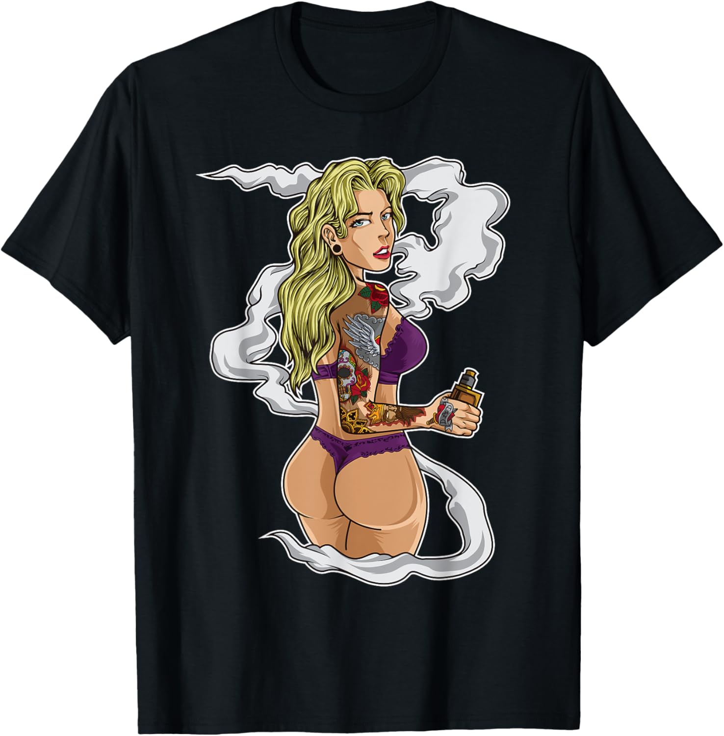 Vaping Shop - 문신을 한 흡연 소녀 그래픽 티